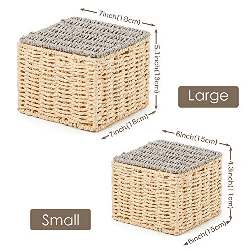 EZOWare Pack of 4 Paper Rope Wicker Storage Baskets with Lid, Lidded Woven Braided Organizer Cube Bins Boxes for Baby Kids Toy Nursery Room Home Closet - Beige and Gray