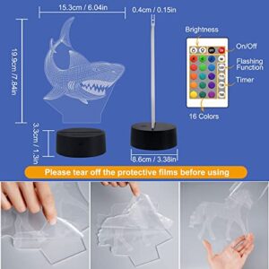 FULLOSUN Shark 3D Illusion Night Light Animal Touch Table Desk Lamp, with Remote Control 16 Colors Optical USB LED Nightlight for Kids Holiday Gift Room Decoration