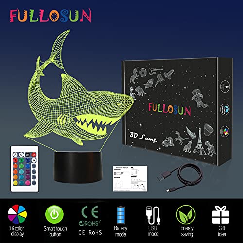 FULLOSUN Shark 3D Illusion Night Light Animal Touch Table Desk Lamp, with Remote Control 16 Colors Optical USB LED Nightlight for Kids Holiday Gift Room Decoration