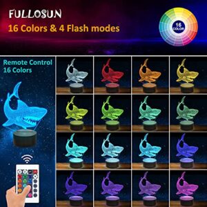 FULLOSUN Shark 3D Illusion Night Light Animal Touch Table Desk Lamp, with Remote Control 16 Colors Optical USB LED Nightlight for Kids Holiday Gift Room Decoration