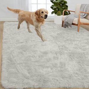 gorilla grip fluffy faux fur rug, 5x7, machine washable soft furry area rugs, rubber backing, plush floor carpets for baby nursery, bedroom, living room shag carpet, luxury home decor, ivory