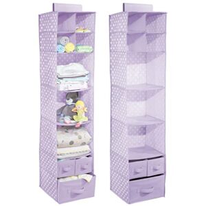 mdesign soft fabric over closet rod hanging storage organizer with 7 shelves and 3 removable drawers for child/kids room or nursery - polka dot pattern - 2 pack - light purple/white polka dots