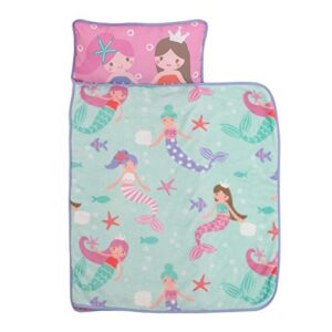 Everything Kids Pink & Aqua Mermaid Toddler Nap Mat with Pillow & Blanket, Aqua, Pink, Lavender, White