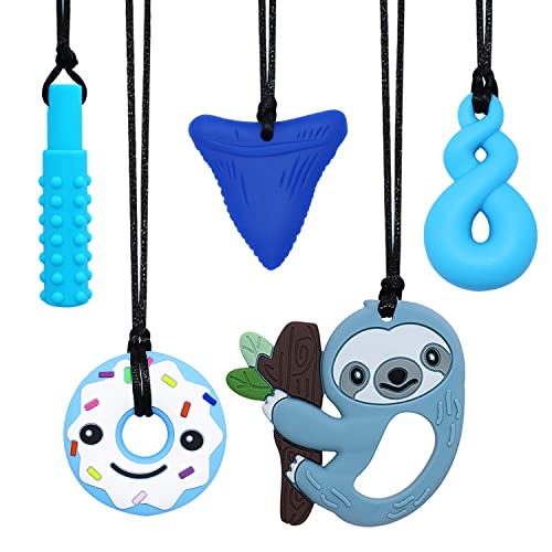 Sensory Chew Necklace for Kids Boys Girls, Silicone Chew Toys for Kids with ADHD Autism, Anxiety, Chewy Necklace Sensory Reduce Adults Children Chewing Fidgeting 5 Pack