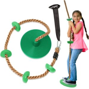 jungle gym kingdom tree swing for kids - single disc seat and brown climbing rope set w/carabiner and 4 foot strap - treehouse and outdoor playground accessories - green