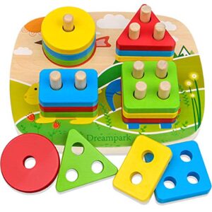 dreampark educational toddler toys for boys girls age 1 2 3 4 and up, wooden shape color recognition preschool stack and sort geometric board blocks for kids children, non-toxic