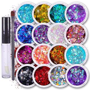 Chunky Holographic Body Glitter I 16 Colors + Glitter Glue for Face Glitter Makeup, Hair, Eye & Fine Glitter Eyeshadow - Perfect for Halloween, Slime, Resin, Tumblers, Craft, Cosmetic & Nail Art