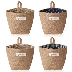 jiakai 4pcs mini hanging storage bag，cotton linen small storage basket decor bin bag with handle, for wall door closet