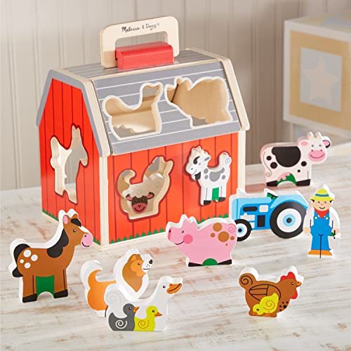 Melissa & Doug Wooden Take-Along Sorting Barn Toy with Flip-Up Roof and Handle, 10 Wooden Farm Play Pieces - Farm Toys, Shape Sorting And Stacking Learning Toys For Toddlers And Kids Ages 2+