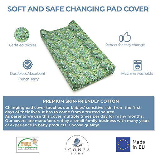 Changing Pad Cover Green for Baby Girl and Boy - Thick and Absorbent - Soft Cotton - OekoTex Certificate - Made in Europe - Baby Registry Shower Gift - Beautiful Packaging – Green Palm Leaves