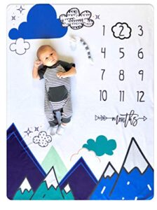 nurture bird baby monthly milestone blanket | includes cloud frame | large soft fleece month blanket | newborn photography gift for baby shower | blue mountain adventure | 50” x 40”