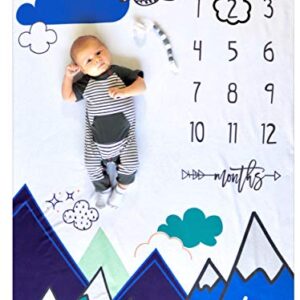 Nurture Bird Baby Monthly Milestone Blanket | Includes Cloud Frame | Large Soft Fleece Month Blanket | Newborn Photography Gift for Baby Shower | Blue Mountain Adventure | 50” x 40”