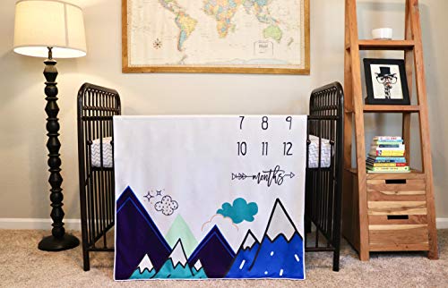 Nurture Bird Baby Monthly Milestone Blanket | Includes Cloud Frame | Large Soft Fleece Month Blanket | Newborn Photography Gift for Baby Shower | Blue Mountain Adventure | 50” x 40”