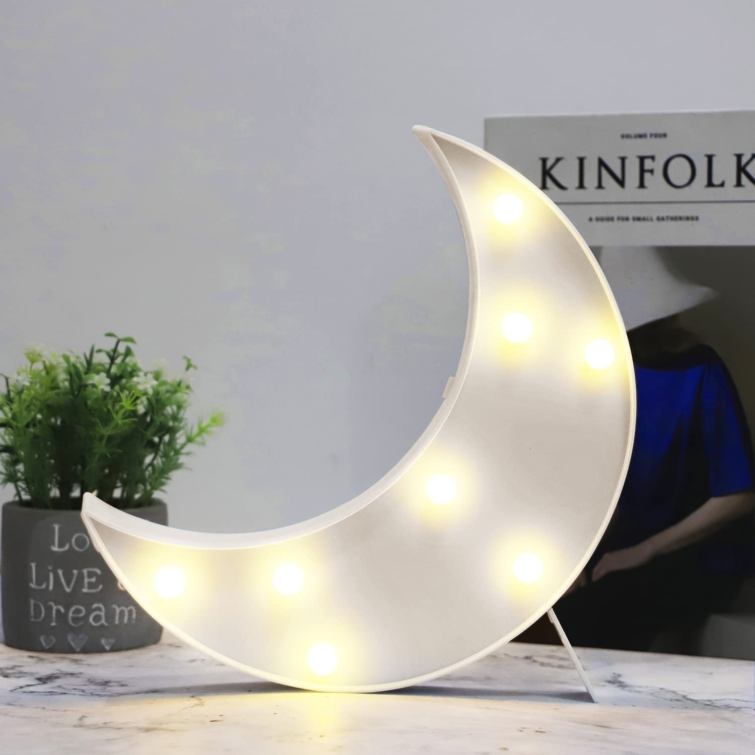 Vicila LED Moon Shaped Marquee Signs, Light Up Moon Night Lights Battery Operated Crescent Moon Lamp for Bedroom, Christmas, Birthday Party Decor-Moon(White)