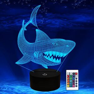 shark gifts, shark fan 3d night light 16 colors changing night lamp for kids with remote control, 3d illusion lamp birthday gifts from age 2 3 4 5 6+ years for boys girls men women