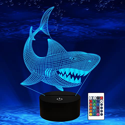 Shark Gifts, Shark Fan 3D Night Light 16 Colors Changing Night Lamp for Kids with Remote Control, 3D Illusion Lamp Birthday Gifts from Age 2 3 4 5 6+ Years for Boys Girls Men Women