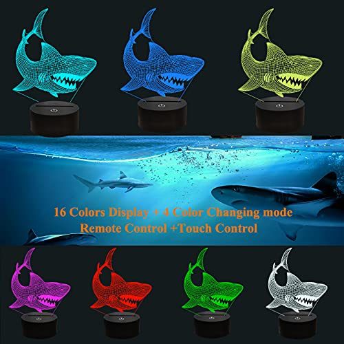 Shark Gifts, Shark Fan 3D Night Light 16 Colors Changing Night Lamp for Kids with Remote Control, 3D Illusion Lamp Birthday Gifts from Age 2 3 4 5 6+ Years for Boys Girls Men Women