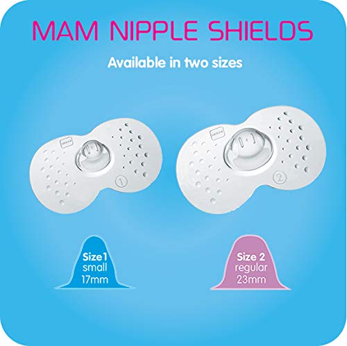 MAM Breastfeeding Nipple Shields with Sterilizing Storage Case, Nipple Shields for Nursing Newborn, Size 2 Regular 23mm, 2-Count, Clear