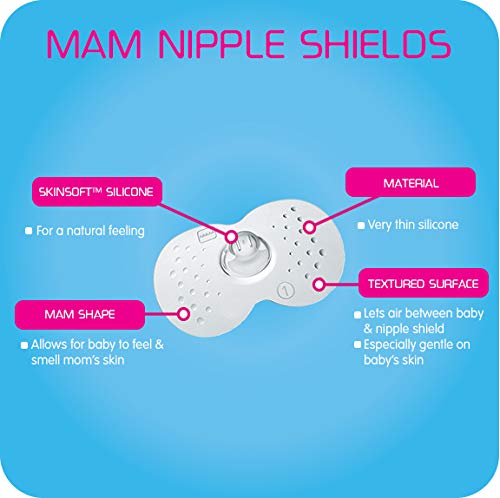 MAM Breastfeeding Nipple Shields with Sterilizing Storage Case, Nipple Shields for Nursing Newborn, Size 2 Regular 23mm, 2-Count, Clear