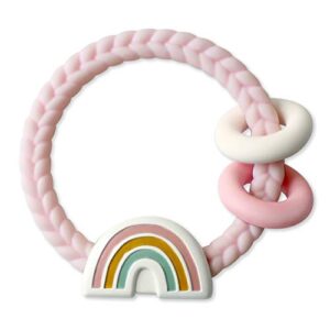 itzy ritzy silicone teether with rattle; features rattle sound, two silicone rings and raised texture to soothe gums; ages 3 months and up; rainbow