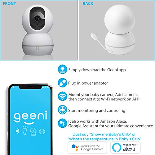 Geeni Smart Home Pet and Baby Monitor with Camera, 1080p Wireless WiFi Camera with Motion and Sound Alert (White)