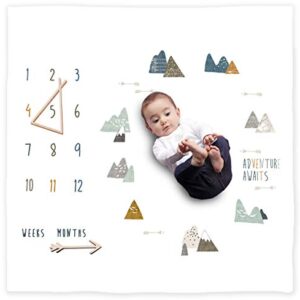 Organic Baby Monthly Milestone Blanket Newborn Boy Girl Unisex Neutral| Boho Mountain Nursery Baby Month Picture Blanket| Baby Growth Photography Background Prop| Markers Wood Birth Announcement Card