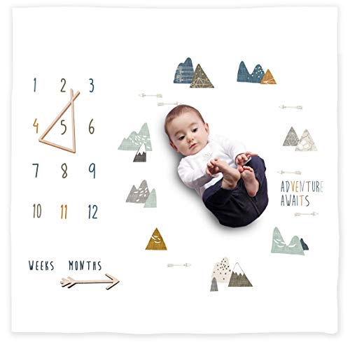 Organic Baby Monthly Milestone Blanket Newborn Boy Girl Unisex Neutral| Boho Mountain Nursery Baby Month Picture Blanket| Baby Growth Photography Background Prop| Markers Wood Birth Announcement Card