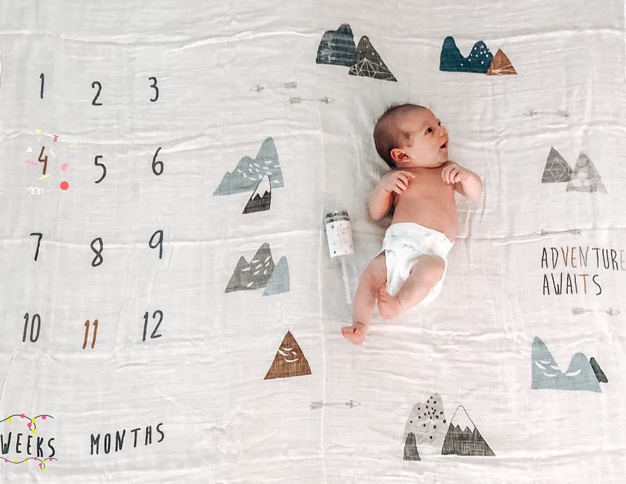 Organic Baby Monthly Milestone Blanket Newborn Boy Girl Unisex Neutral| Boho Mountain Nursery Baby Month Picture Blanket| Baby Growth Photography Background Prop| Markers Wood Birth Announcement Card