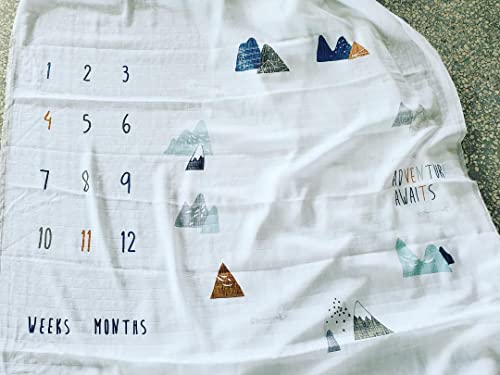 Organic Baby Monthly Milestone Blanket Newborn Boy Girl Unisex Neutral| Boho Mountain Nursery Baby Month Picture Blanket| Baby Growth Photography Background Prop| Markers Wood Birth Announcement Card