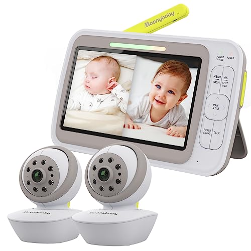 Moonybaby Low EMF Baby Monitor with Remote Pan Tilt Cameras, Split 60, 5" HD 720p Split Screen, Auto Noise Reduce, No WiFi, Long Range, 20 Day Battery Life, 2-Way Talk, Lullabies, VOX/Voice Activation