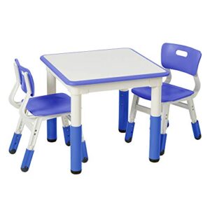 ecr4kids dry-erase square activity table with 2 chairs, adjustable, kids furniture, blue, 3-piece