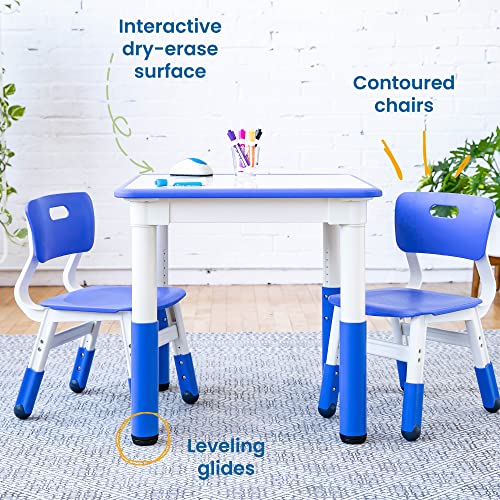 ECR4Kids Dry-Erase Square Activity Table with 2 Chairs, Adjustable, Kids Furniture, Blue, 3-Piece