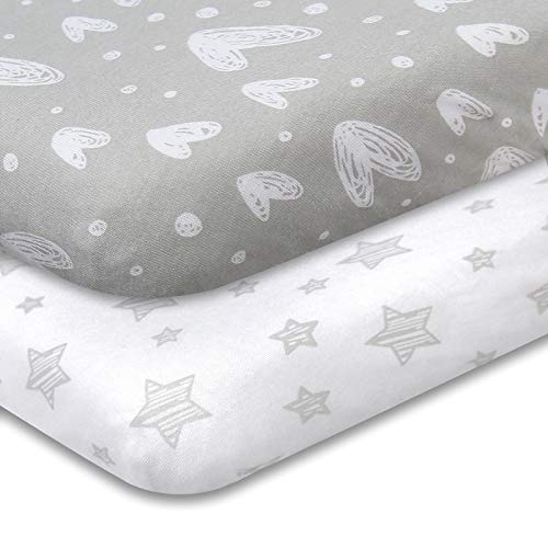 Pack n Play Fitted Sheet, Soft Jersey Cotton Portable Playard Sheets, 2 Pack Mini Crib Sheets, Unisex, Preshrunk