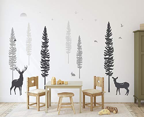 TIMBER ARTBOX Woodland Nursery Decor – Dreamy Forest Theme Pine Tree Wall Decals with Animals, Deers & Owl – Cute Baby Boy Girl Kids Wall Stickers for Playroom, Bedroom, Classroom & Daycare