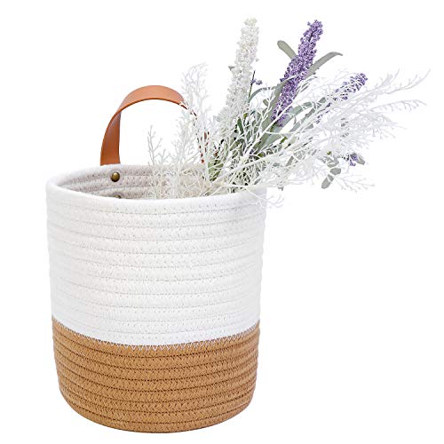 Hanging Basket - Wall Hanging Baskets for Organizing - Hanging Storage Woven Wall Basket - Small Wicker Wall Baskets for Wall Decor - Hanging Planter Baskets 6.3" x 7" (White and Brown)