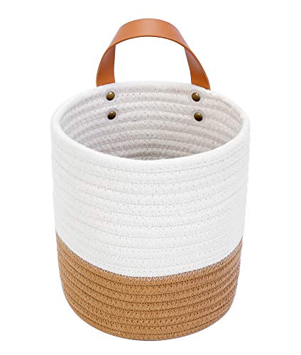 Hanging Basket - Wall Hanging Baskets for Organizing - Hanging Storage Woven Wall Basket - Small Wicker Wall Baskets for Wall Decor - Hanging Planter Baskets 6.3" x 7" (White and Brown)