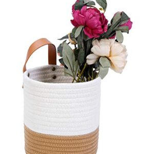 Hanging Basket - Wall Hanging Baskets for Organizing - Hanging Storage Woven Wall Basket - Small Wicker Wall Baskets for Wall Decor - Hanging Planter Baskets 6.3" x 7" (White and Brown)