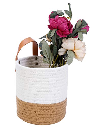 Hanging Basket - Wall Hanging Baskets for Organizing - Hanging Storage Woven Wall Basket - Small Wicker Wall Baskets for Wall Decor - Hanging Planter Baskets 6.3" x 7" (White and Brown)