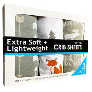 grow wild crib sheet 3 pack | soft boy crib sheets neutral | grey baby crib sheets for boys | woodland nursery crib mattress sheet (forest fun)