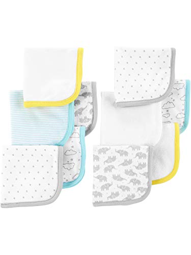 Simple Joys by Carter's Unisex Babies' Washcloth Set, Pack of 10, White, Elephants/Dots, One Size