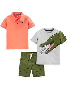 simple joys by carter's baby boys' 3-piece button-up, shorts, and tee playwear set, green/grey alligator/orange elephant, 18 months