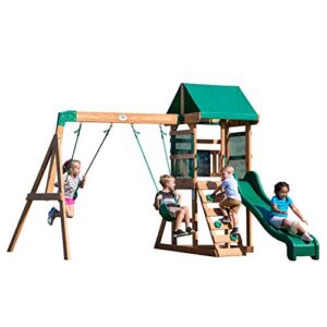 backyard discovery buckley hill wooden swing set, made for small yards and younger children, two belt swings, covered mesh fort with canopy, rock climber wall, 6 ft slide green