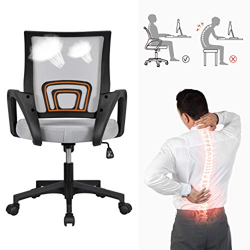 Yaheetech Office Desk Chair with Lumbar Support Armrest Executive Rolling Swivel Adjustable Mid Back Task Ergonomic Mesh Computer Chairfor Women Adults, Grey