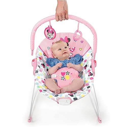 Disney Baby MINNIE MOUSE Baby Bouncer Soothing Vibrations Plush Infant Seat - Removable Toy Bar, Nonslip Feet, 0-6 Months Up to 20 lbs (Spotty Dotty)