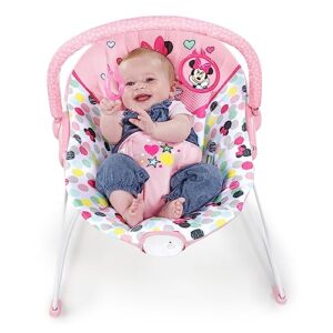 disney baby minnie mouse baby bouncer soothing vibrations plush infant seat - removable toy bar, nonslip feet, 0-6 months up to 20 lbs (spotty dotty)