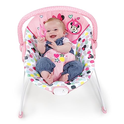 Disney Baby MINNIE MOUSE Baby Bouncer Soothing Vibrations Plush Infant Seat - Removable Toy Bar, Nonslip Feet, 0-6 Months Up to 20 lbs (Spotty Dotty)