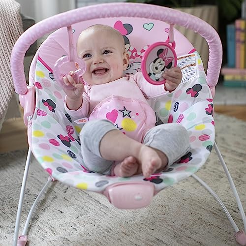 Disney Baby MINNIE MOUSE Baby Bouncer Soothing Vibrations Plush Infant Seat - Removable Toy Bar, Nonslip Feet, 0-6 Months Up to 20 lbs (Spotty Dotty)