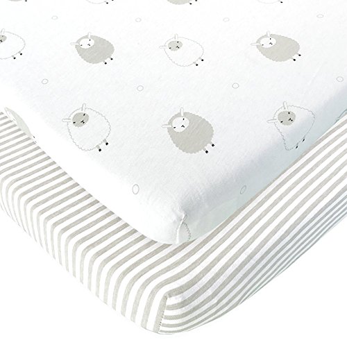 Bassinet Fitted Sheets Compatible with Mika Micky Bedside Sleeper – Snuggly Soft Jersey Cotton – Fits Perfectly on 19 x 32 Inch Bed Side Sleeper Mattress Pad – Grey Stripes, Sheep – 2 Pack