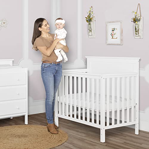 Dream On Me Ava 4-in-1 Convertible Mini Crib in White, Greenguard Gold Certified, Non-Toxic Finish, Comes with 1" Mattress Pad, with 3 Mattress Height Settings