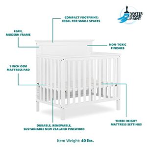 Dream On Me Ava 4-in-1 Convertible Mini Crib in White, Greenguard Gold Certified, Non-Toxic Finish, Comes with 1" Mattress Pad, with 3 Mattress Height Settings